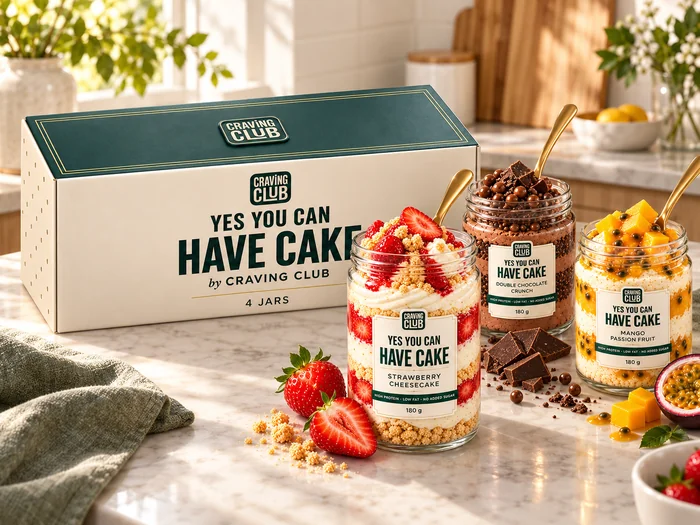 Craving Club box with strawberry cheesecake, double chocolate crunch and mango passion fruit jars