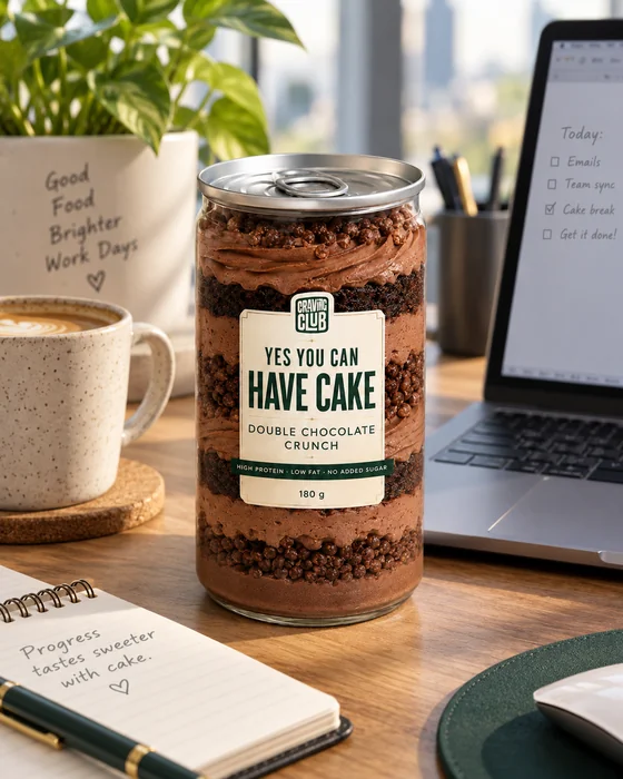 Double Chocolate Crunch jar on a desk with coffee and a notebook