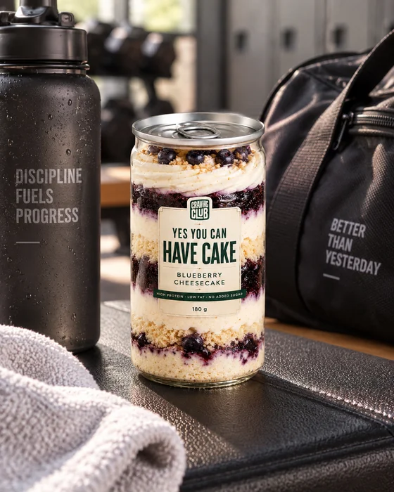 Blueberry Cheesecake jar with a gym bag and bottle