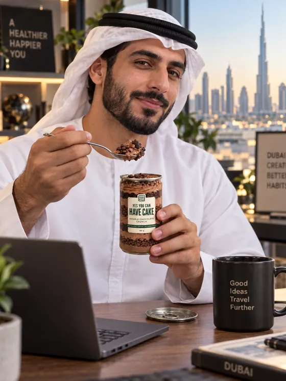 Omar with a Double Chocolate Crunch jar