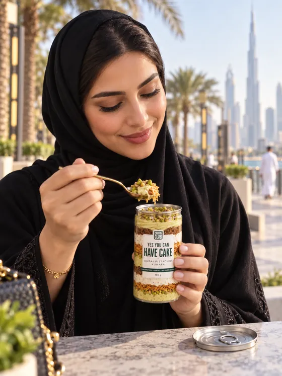 Mariam with a Dubai Pistachio Kunafa jar