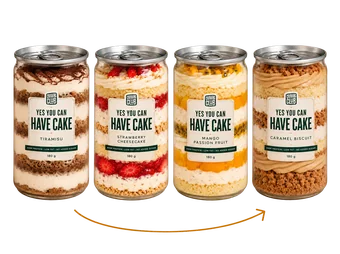 Four Craving Club cake jars: Tiramisu, Strawberry Cheesecake, Mango Passion Fruit and Caramel Biscuit