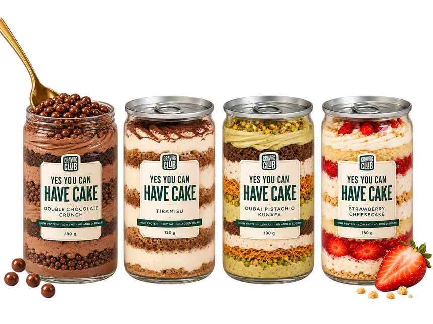 Four Craving Club cake jars: Double Chocolate Crunch, Tiramisu, Dubai Pistachio Kunafa and Strawberry Cheesecake